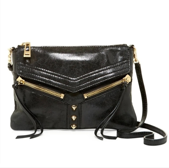 Botkier Trigger Black Leather Gold tone Zipper Studs Crossbody bag Handbags